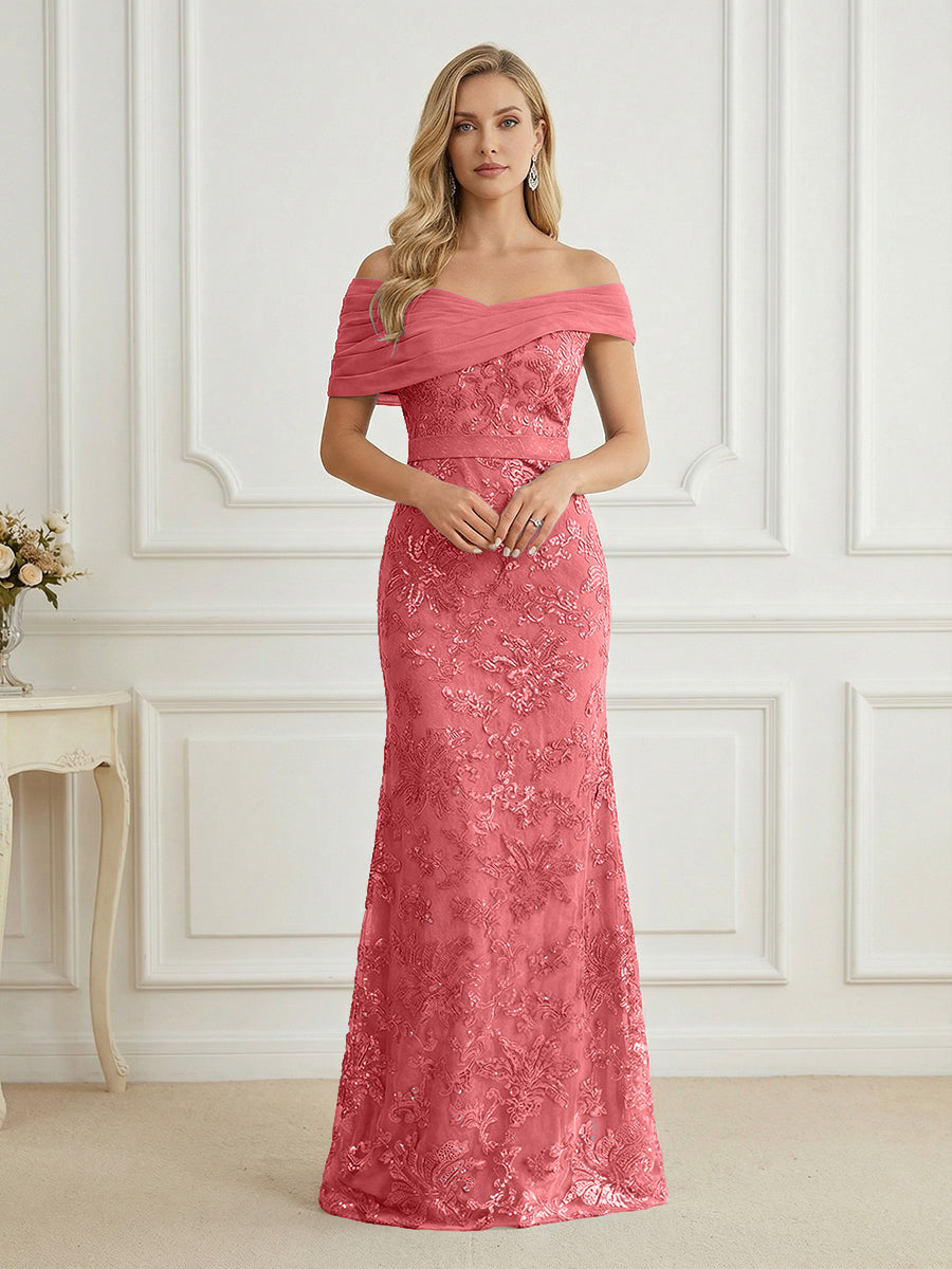 Mermaid Off Shoulder Short Sleeve Long Elegant Mother of the Bride Dresses with Sequin (SHI22500242)