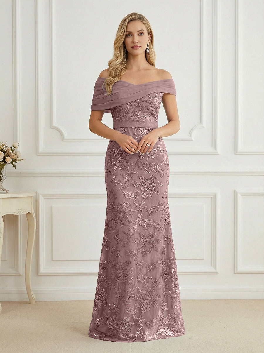 Mermaid Off Shoulder Short Sleeve Long Elegant Mother of the Bride Dresses with Sequin (SHI22500242)