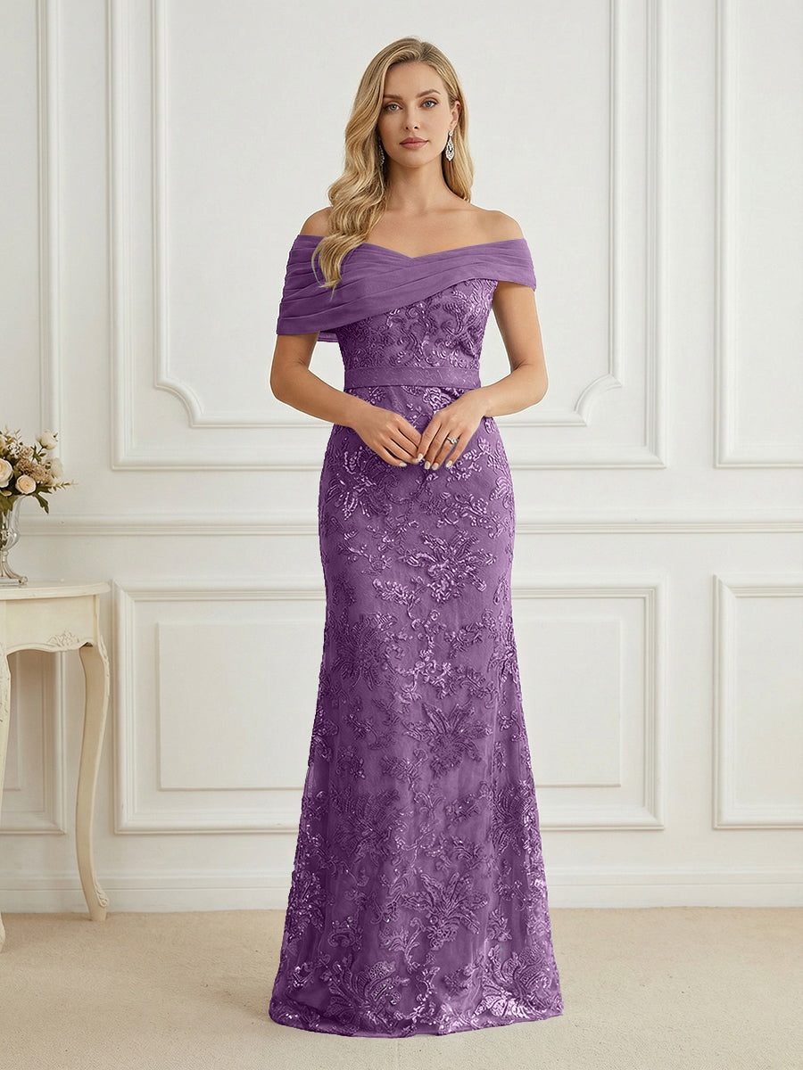 Mermaid Off Shoulder Short Sleeve Long Elegant Mother of the Bride Dresses with Sequin (SHI22500242)