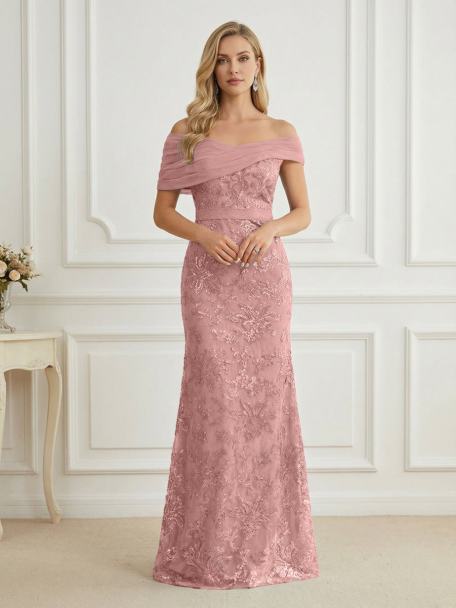 Mermaid Off Shoulder Short Sleeve Long Elegant Mother of the Bride Dresses with Sequin (SHI22500242)