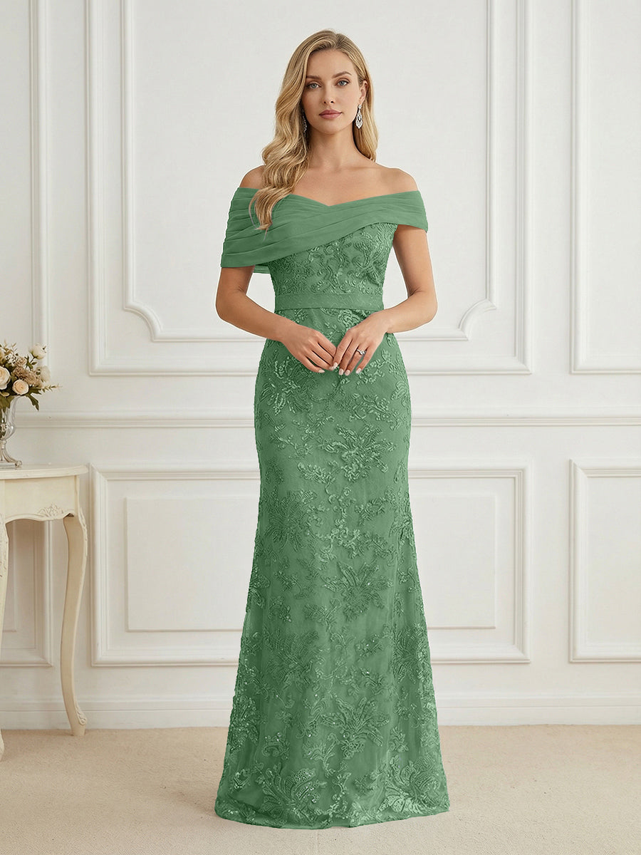 Mermaid Off Shoulder Short Sleeve Long Elegant Mother of the Bride Dresses with Sequin (SHI22500242)