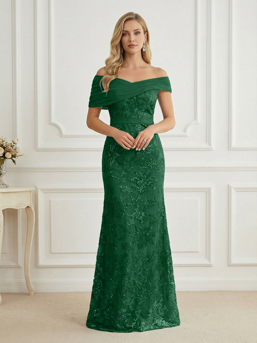 Mermaid Off Shoulder Short Sleeve Long Elegant Mother of the Bride Dresses with Sequin (SHI22500242)