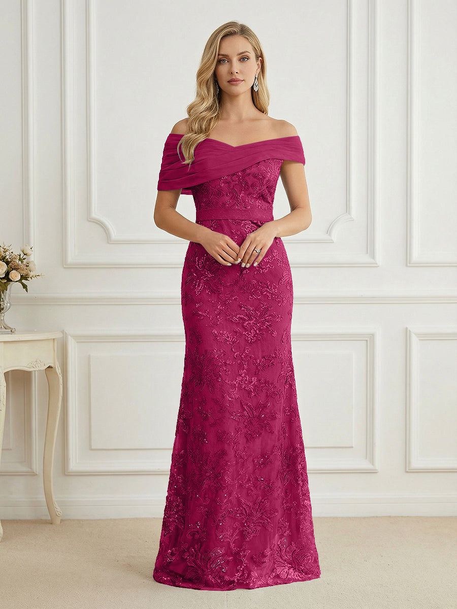 Mermaid Off Shoulder Short Sleeve Long Elegant Mother of the Bride Dresses with Sequin (SHI22500242)