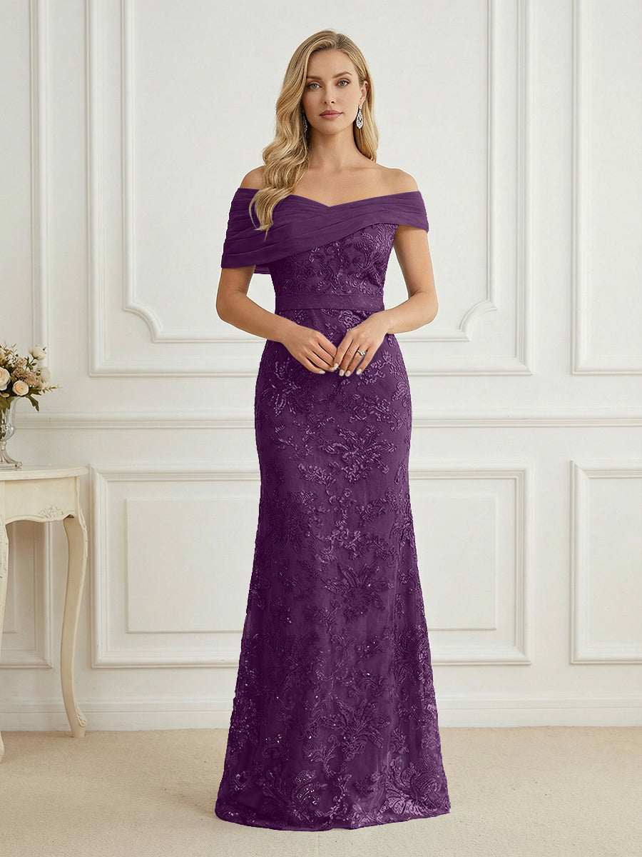 Mermaid Off Shoulder Short Sleeve Long Elegant Mother of the Bride Dresses with Sequin (SHI22500242)
