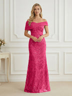 Mermaid Off Shoulder Short Sleeve Long Elegant Mother of the Bride Dresses with Sequin (SHI22500242)