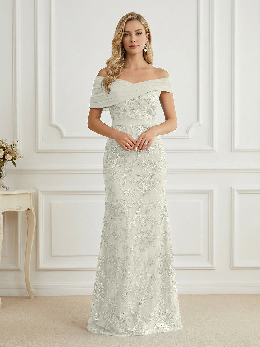 Mermaid Off Shoulder Short Sleeve Long Elegant Mother of the Bride Dresses with Sequin (SHI22500242)