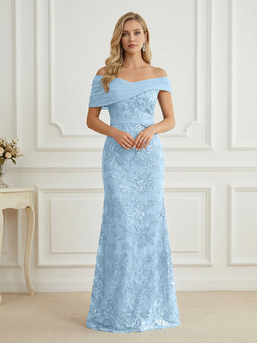 Mermaid Off Shoulder Short Sleeve Long Elegant Mother of the Bride Dresses with Sequin (SHI22500242)