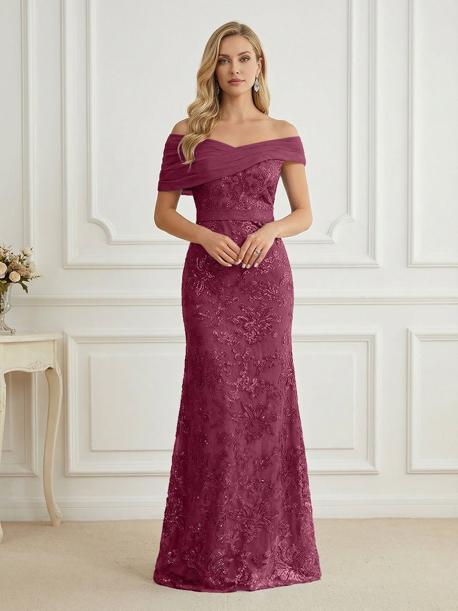 Mermaid Off Shoulder Short Sleeve Long Elegant Mother of the Bride Dresses with Sequin (SHI22500242)