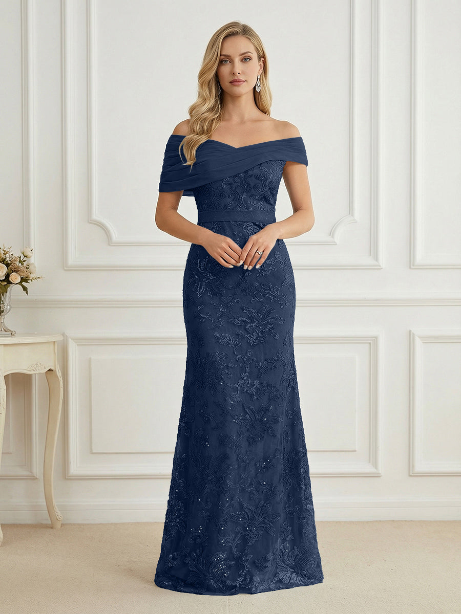 Mermaid Off Shoulder Short Sleeve Long Elegant Mother of the Bride Dresses with Sequin (SHI22500242)