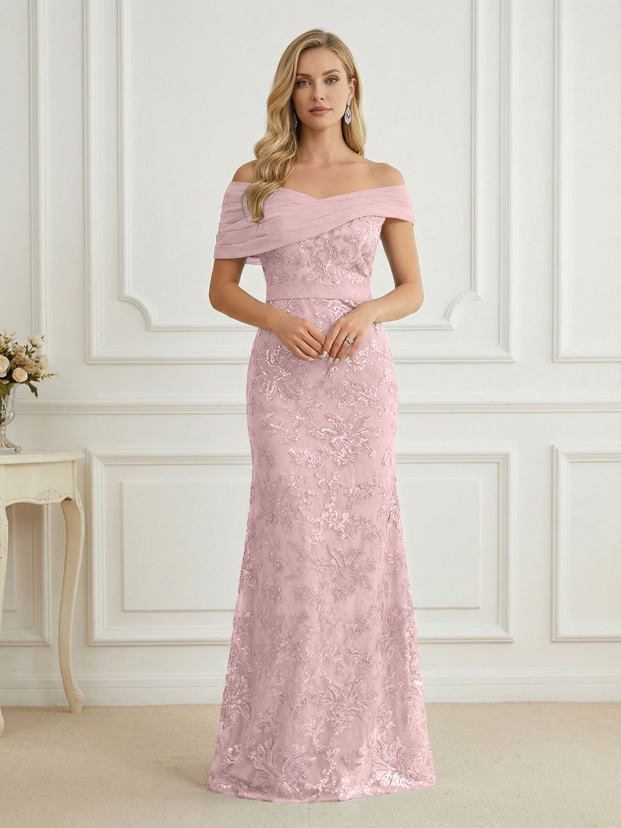 Mermaid Off Shoulder Short Sleeve Long Elegant Mother of the Bride Dresses with Sequin (SHI22500242)