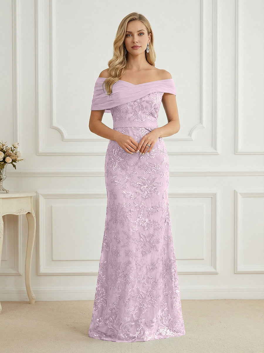 Mermaid Off Shoulder Short Sleeve Long Elegant Mother of the Bride Dresses with Sequin (SHI22500242)