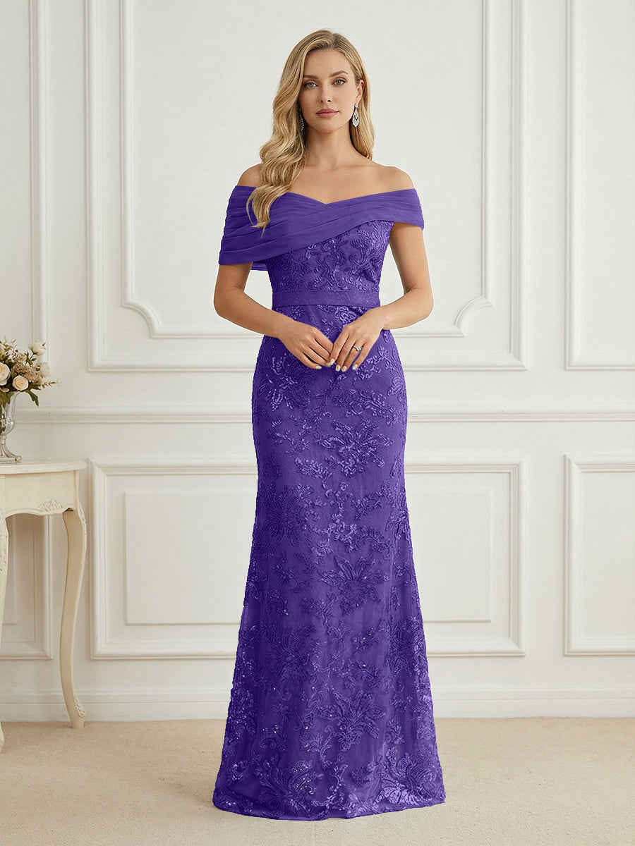 Mermaid Off Shoulder Short Sleeve Long Elegant Mother of the Bride Dresses with Sequin (SHI22500242)