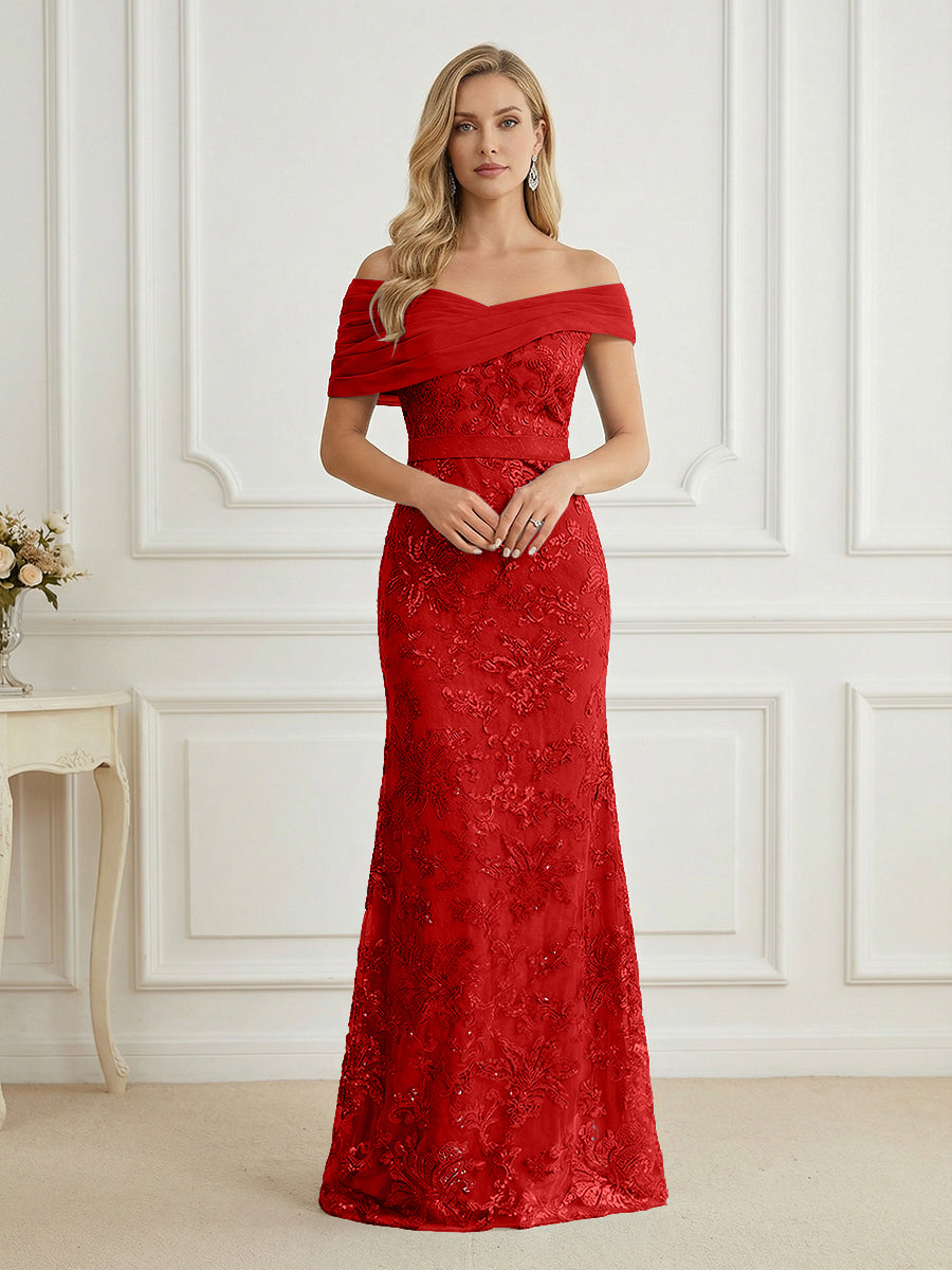 Mermaid Off Shoulder Short Sleeve Long Elegant Mother of the Bride Dresses with Sequin (SHI22500242)