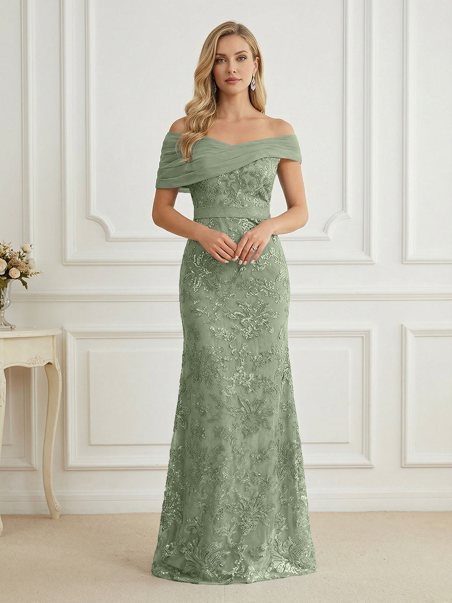 Mermaid Off Shoulder Short Sleeve Long Elegant Mother of the Bride Dresses with Sequin (SHI22500242)