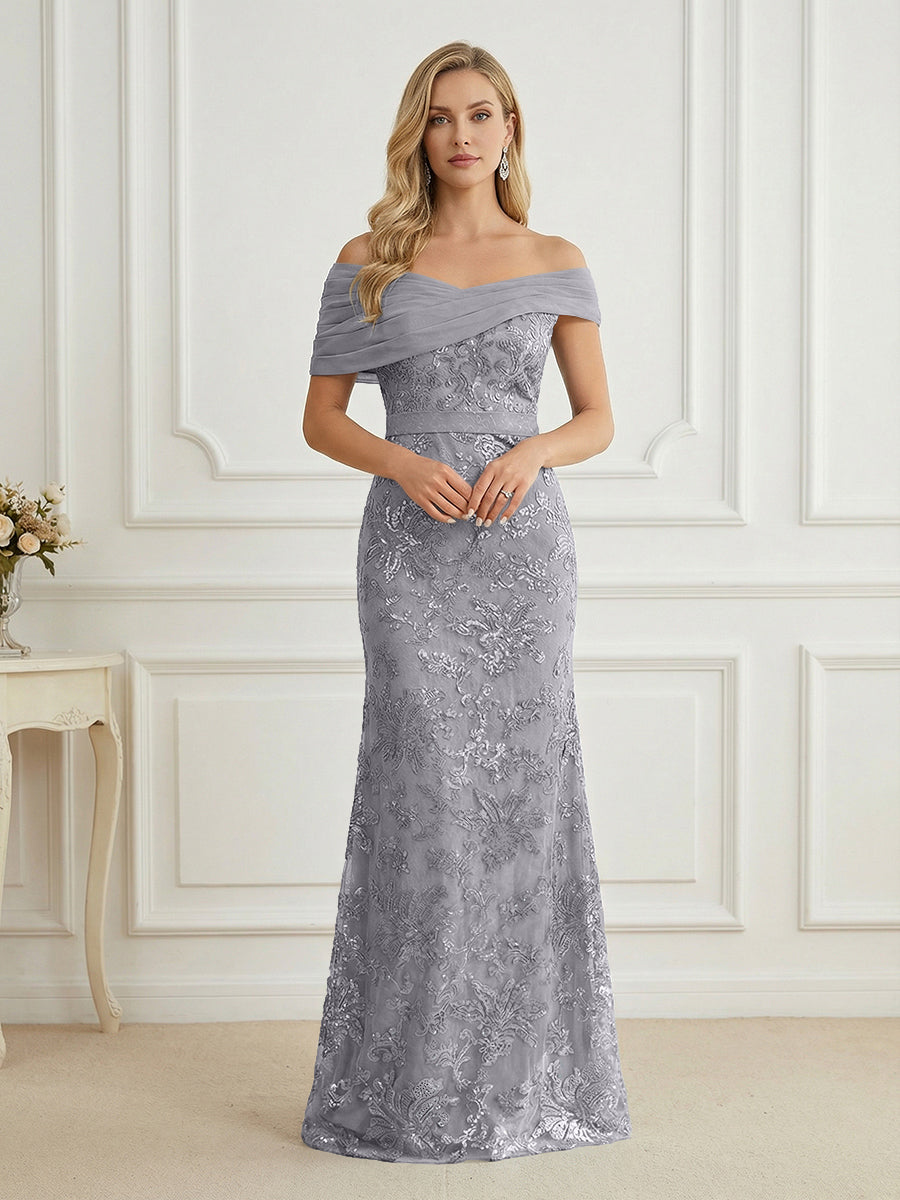 Mermaid Off Shoulder Short Sleeve Long Elegant Mother of the Bride Dresses with Sequin (SHI22500242)