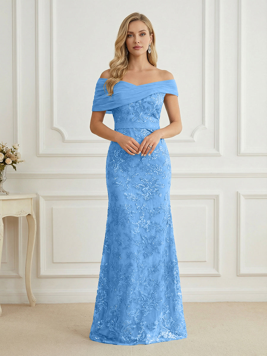Mermaid Off Shoulder Short Sleeve Long Elegant Mother of the Bride Dresses with Sequin (SHI22500242)