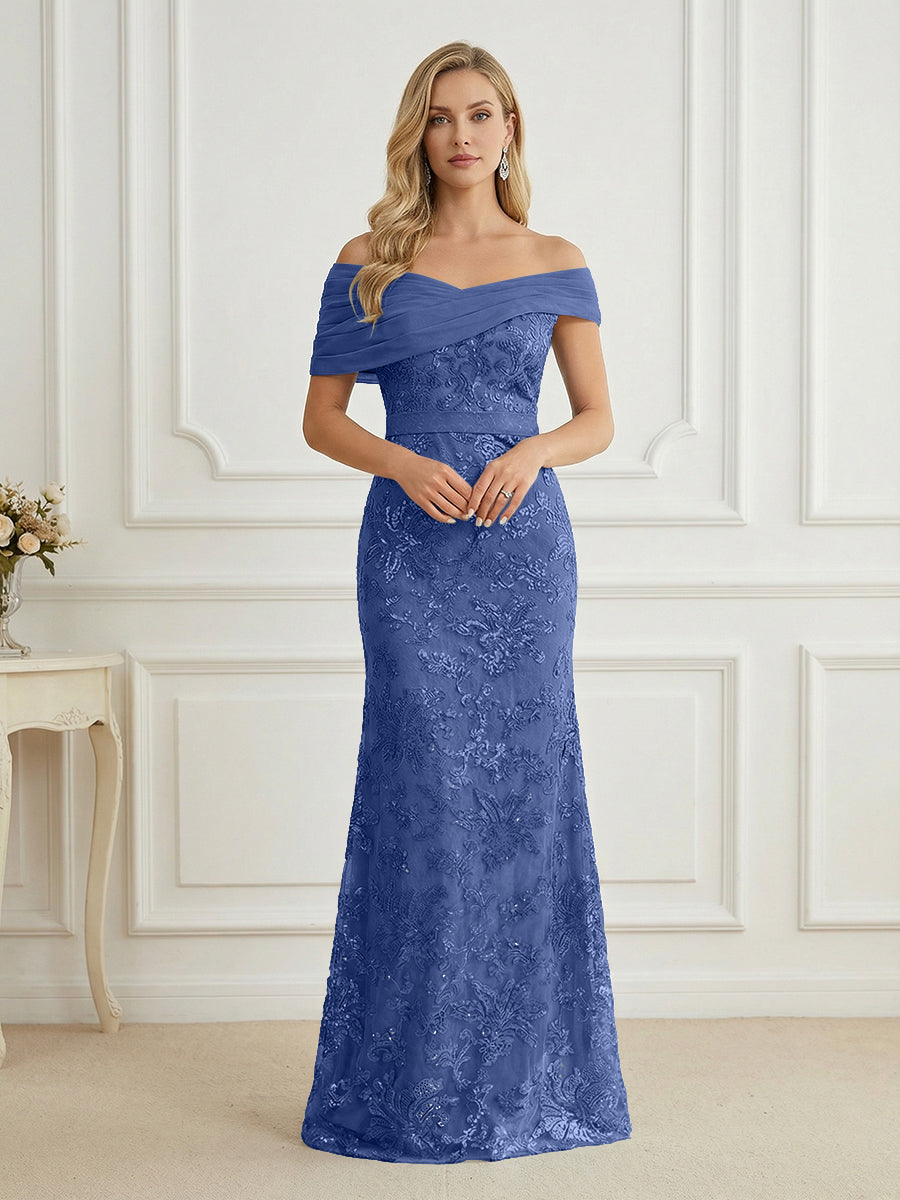 Mermaid Off Shoulder Short Sleeve Long Elegant Mother of the Bride Dresses with Sequin (SHI22500242)