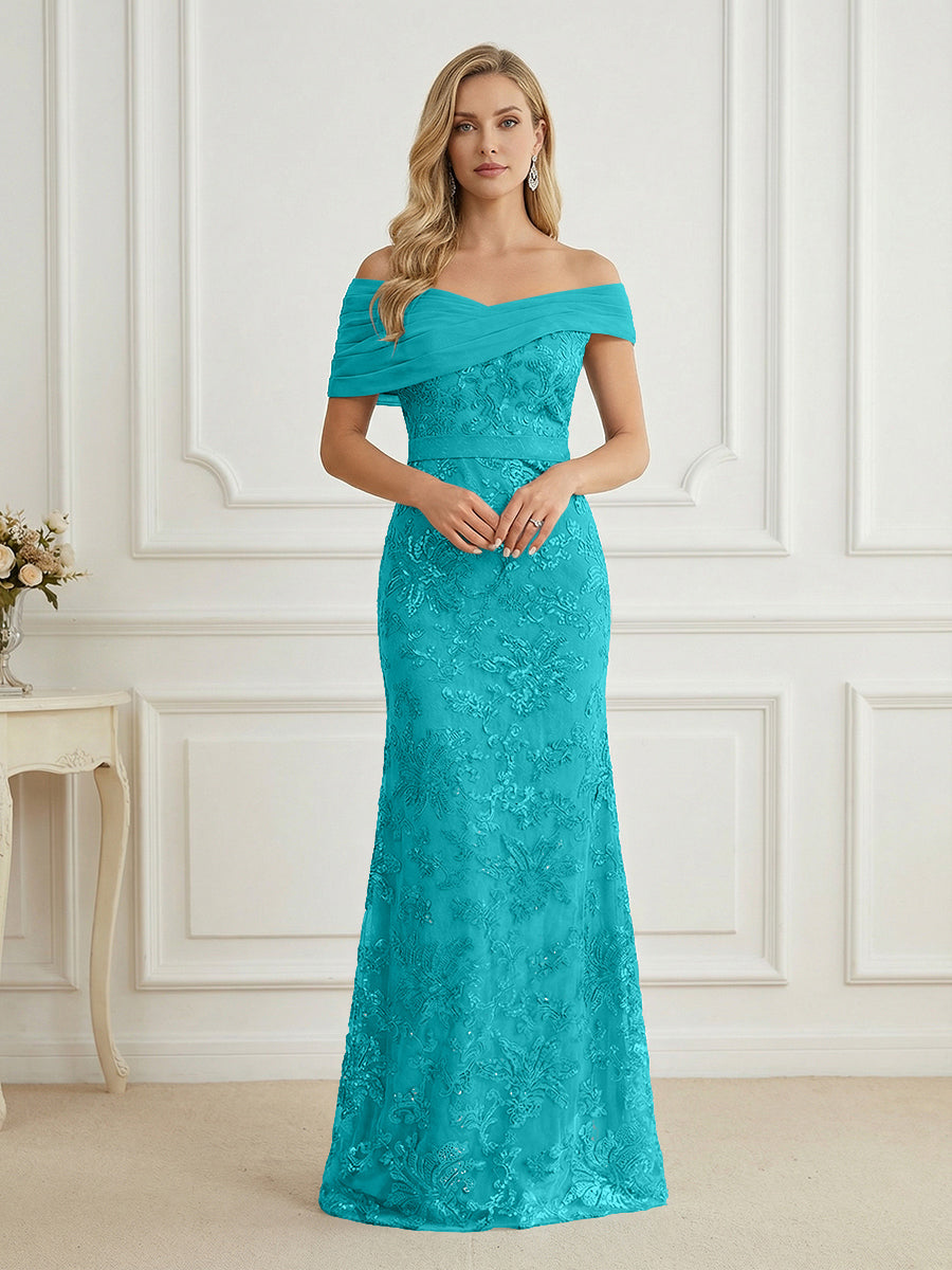 Mermaid Off Shoulder Short Sleeve Long Elegant Mother of the Bride Dresses with Sequin (SHI22500242)