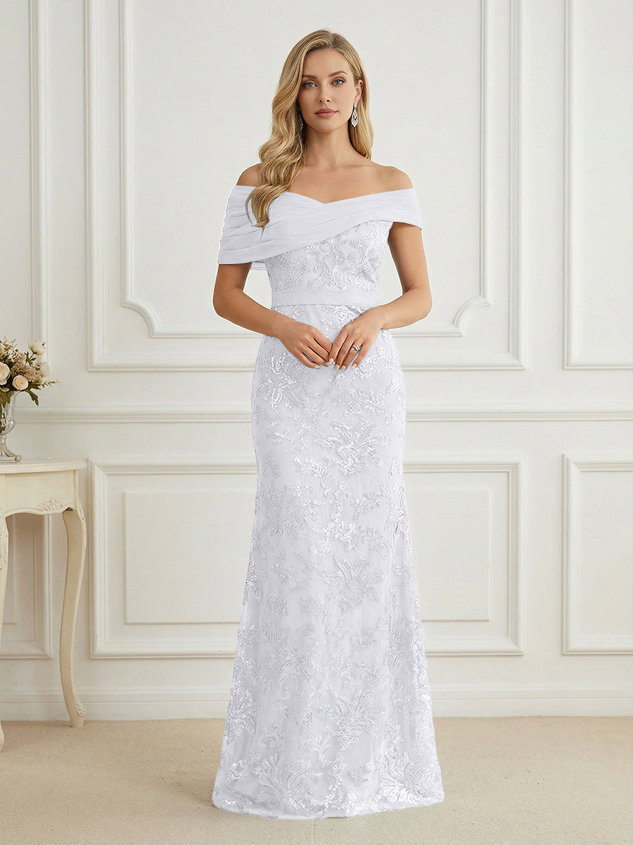Mermaid Off Shoulder Short Sleeve Long Elegant Mother of the Bride Dresses with Sequin (SHI22500242)