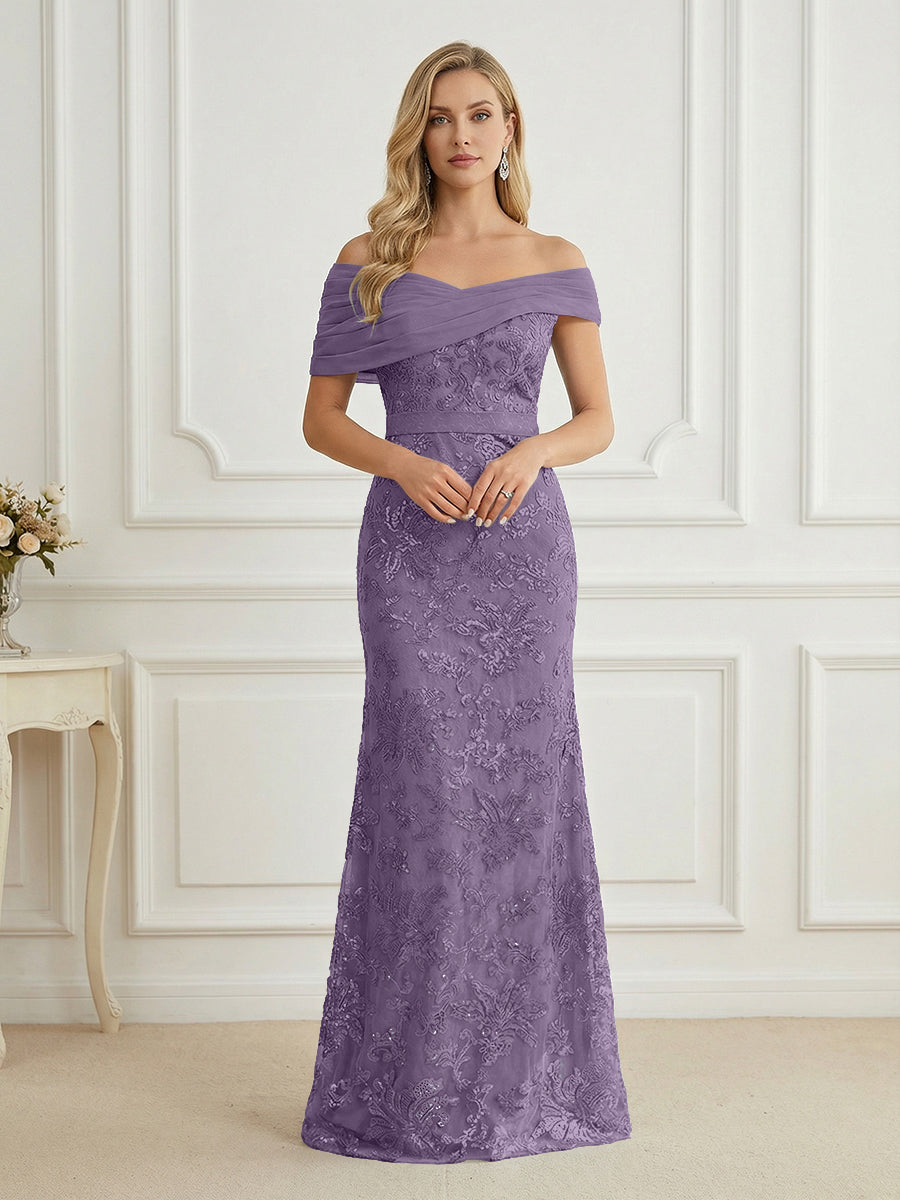 Mermaid Off Shoulder Short Sleeve Long Elegant Mother of the Bride Dresses with Sequin (SHI22500242)