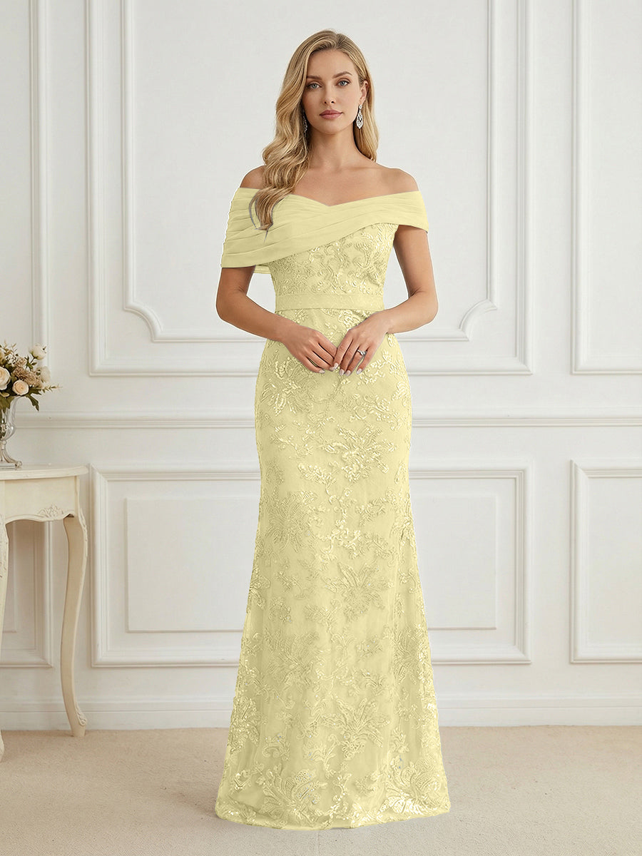 Mermaid Off Shoulder Short Sleeve Long Elegant Mother of the Bride Dresses with Sequin (SHI22500242)