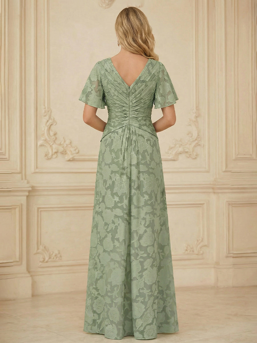 A Line V Neck Short Sleeve Floral Chiffon Ruched Mother of the Bride Dresses (SHI22500248)