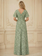 A Line V Neck Short Sleeve Floral Chiffon Ruched Mother of the Bride Dresses (SHI22500248)