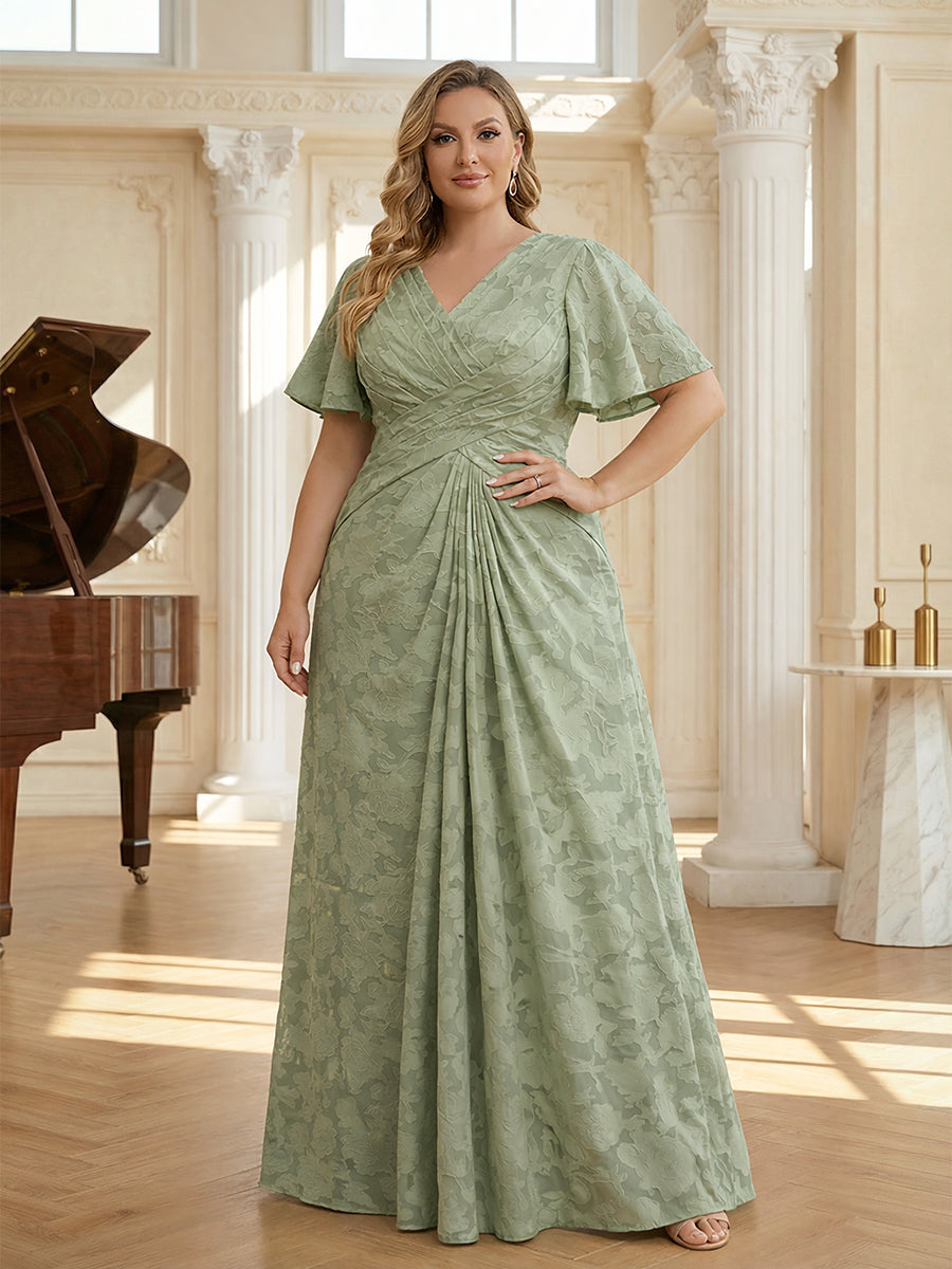 A Line V Neck Short Sleeve Floral Chiffon Ruched Mother of the Bride Dresses (SHI22500248)