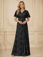 A Line V Neck Short Sleeve Floral Chiffon Ruched Mother of the Bride Dresses (SHI22500248)