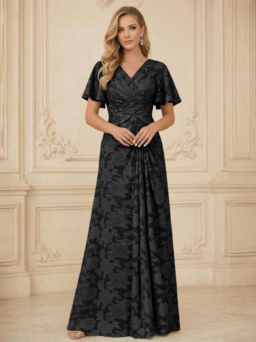 A Line V Neck Short Sleeve Floral Chiffon Ruched Mother of the Bride Dresses (SHI22500248)
