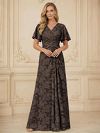 A Line V Neck Short Sleeve Floral Chiffon Ruched Mother of the Bride Dresses (SHI22500248)