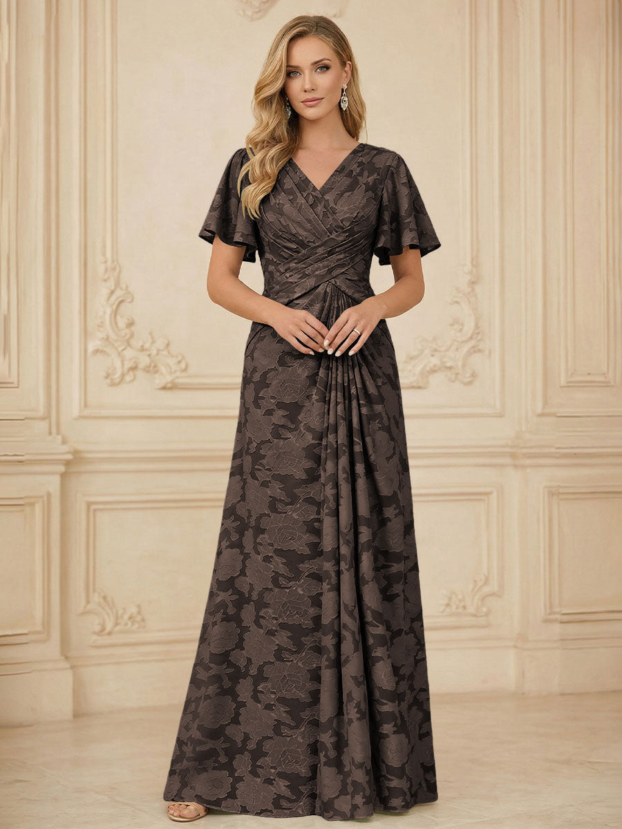 A Line V Neck Short Sleeve Floral Chiffon Ruched Mother of the Bride Dresses (SHI22500248)
