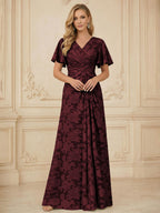 A Line V Neck Short Sleeve Floral Chiffon Ruched Mother of the Bride Dresses (SHI22500248)