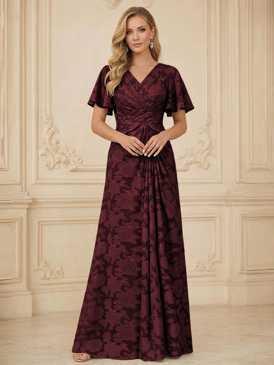 A Line V Neck Short Sleeve Floral Chiffon Ruched Mother of the Bride Dresses (SHI22500248)