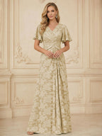 A Line V Neck Short Sleeve Floral Chiffon Ruched Mother of the Bride Dresses (SHI22500248)