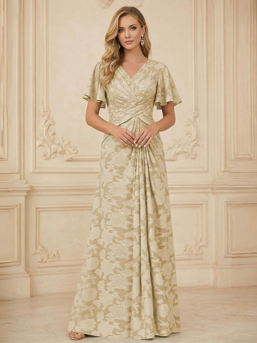 A Line V Neck Short Sleeve Floral Chiffon Ruched Mother of the Bride Dresses (SHI22500248)