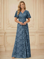 A Line V Neck Short Sleeve Floral Chiffon Ruched Mother of the Bride Dresses (SHI22500248)