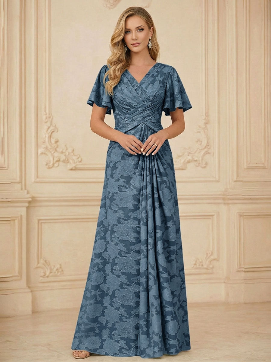 A Line V Neck Short Sleeve Floral Chiffon Ruched Mother of the Bride Dresses (SHI22500248)