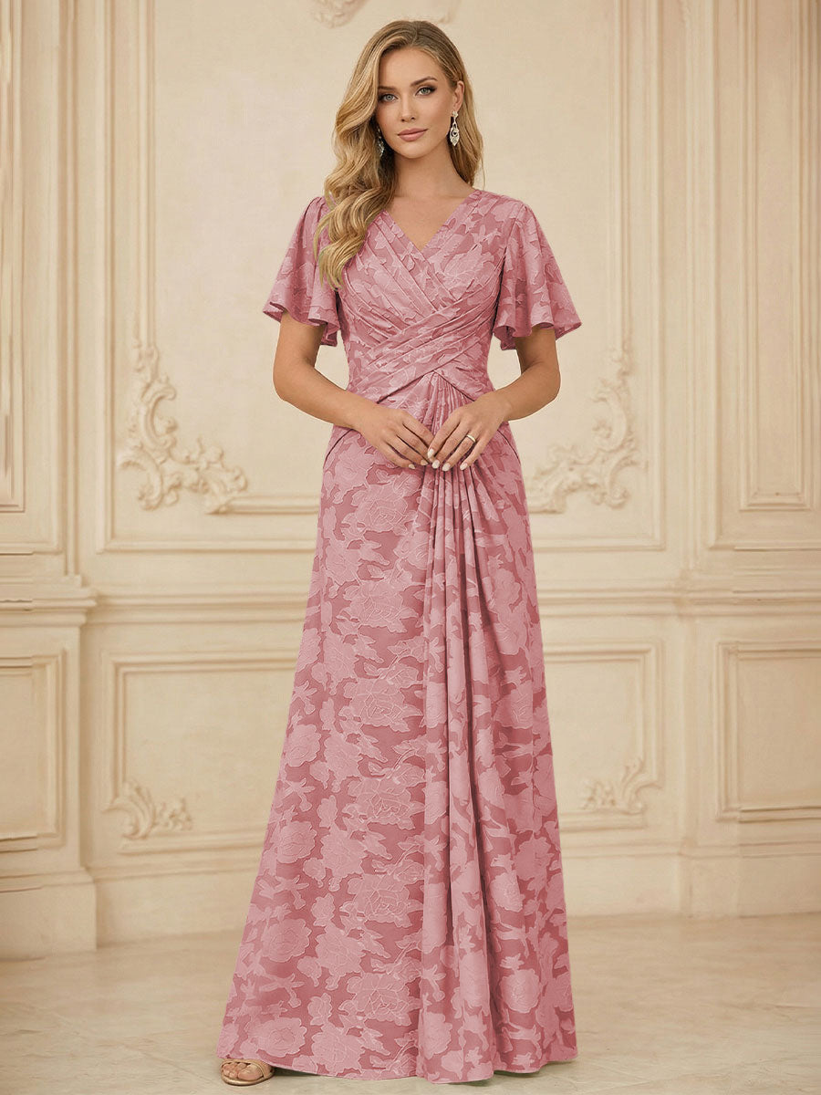 A Line V Neck Short Sleeve Floral Chiffon Ruched Mother of the Bride Dresses (SHI22500248)