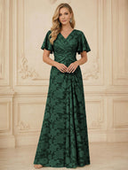 A Line V Neck Short Sleeve Floral Chiffon Ruched Mother of the Bride Dresses (SHI22500248)