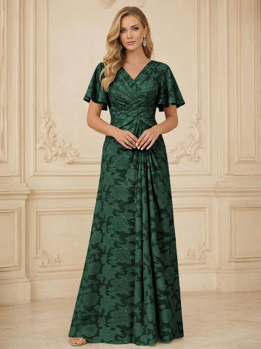 A Line V Neck Short Sleeve Floral Chiffon Ruched Mother of the Bride Dresses (SHI22500248)