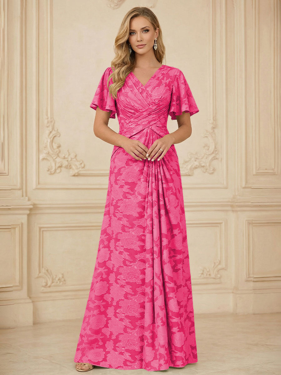 A Line V Neck Short Sleeve Floral Chiffon Ruched Mother of the Bride Dresses (SHI22500248)