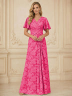 A Line V Neck Short Sleeve Floral Chiffon Ruched Mother of the Bride Dresses (SHI22500248)