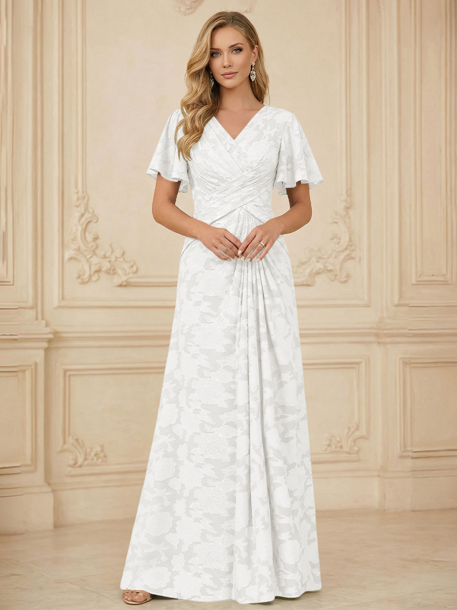 A Line V Neck Short Sleeve Floral Chiffon Ruched Mother of the Bride Dresses (SHI22500248)