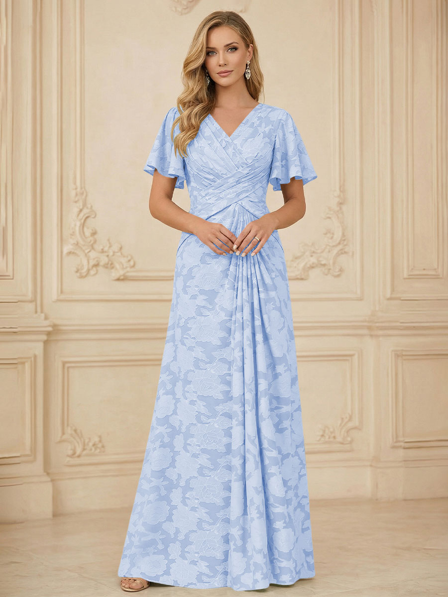 A Line V Neck Short Sleeve Floral Chiffon Ruched Mother of the Bride Dresses (SHI22500248)