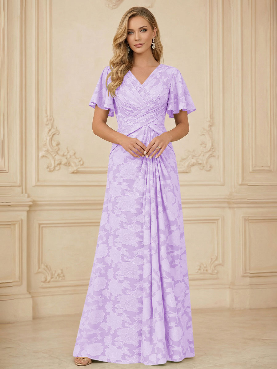 A Line V Neck Short Sleeve Floral Chiffon Ruched Mother of the Bride Dresses (SHI22500248)