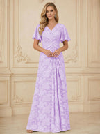 A Line V Neck Short Sleeve Floral Chiffon Ruched Mother of the Bride Dresses (SHI22500248)