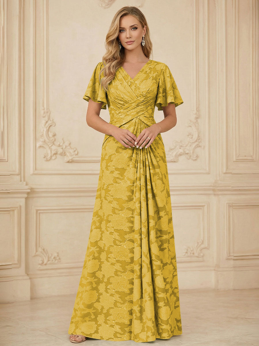 A Line V Neck Short Sleeve Floral Chiffon Ruched Mother of the Bride Dresses (SHI22500248)