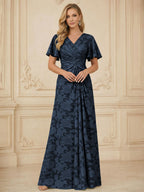 A Line V Neck Short Sleeve Floral Chiffon Ruched Mother of the Bride Dresses (SHI22500248)