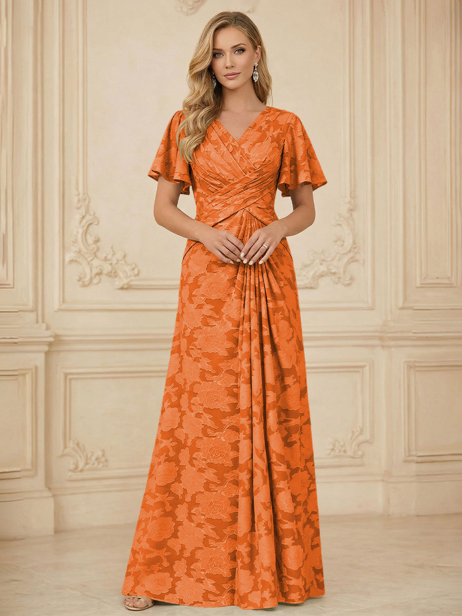 A Line V Neck Short Sleeve Floral Chiffon Ruched Mother of the Bride Dresses (SHI22500248)